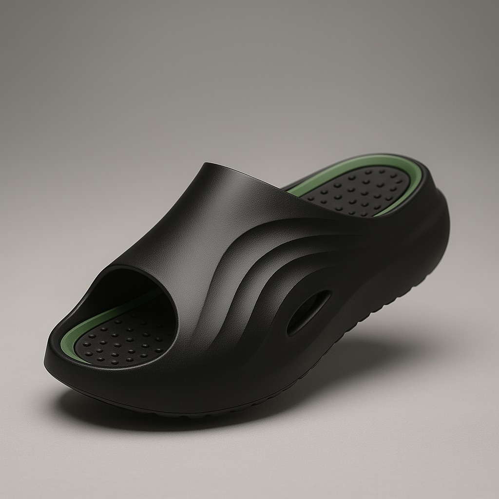 Black I-Revive recovery slide with green footbed